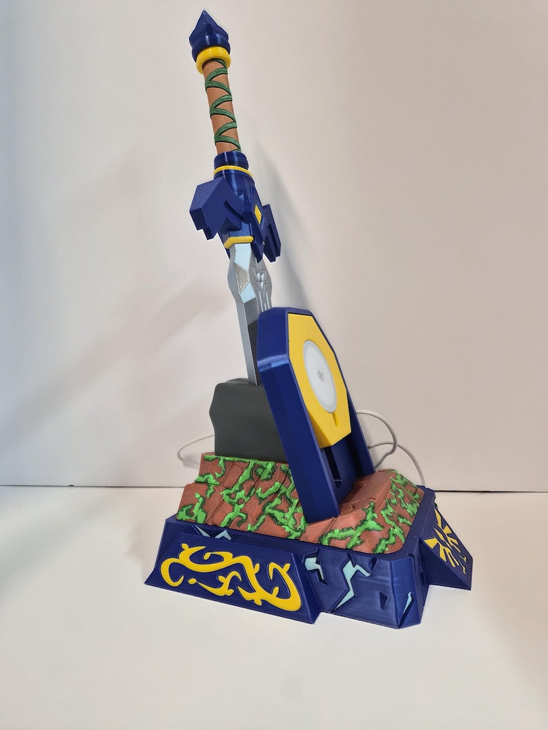 Sword and pedestal with crest emblem and textured stone base