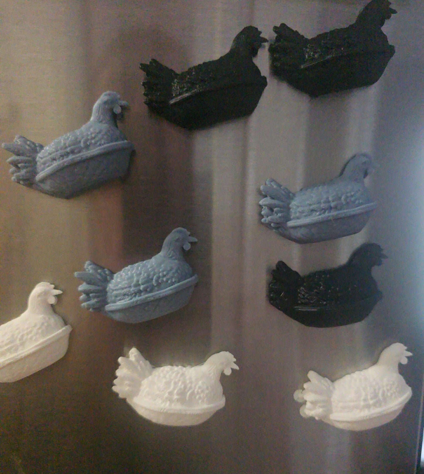 Set of three 3D printed chicken fridge magnets