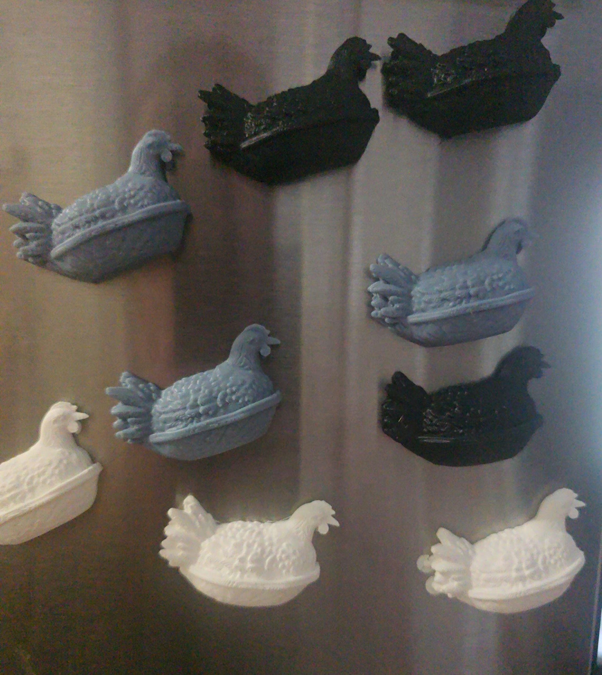 Set of three 3D printed chicken fridge magnets