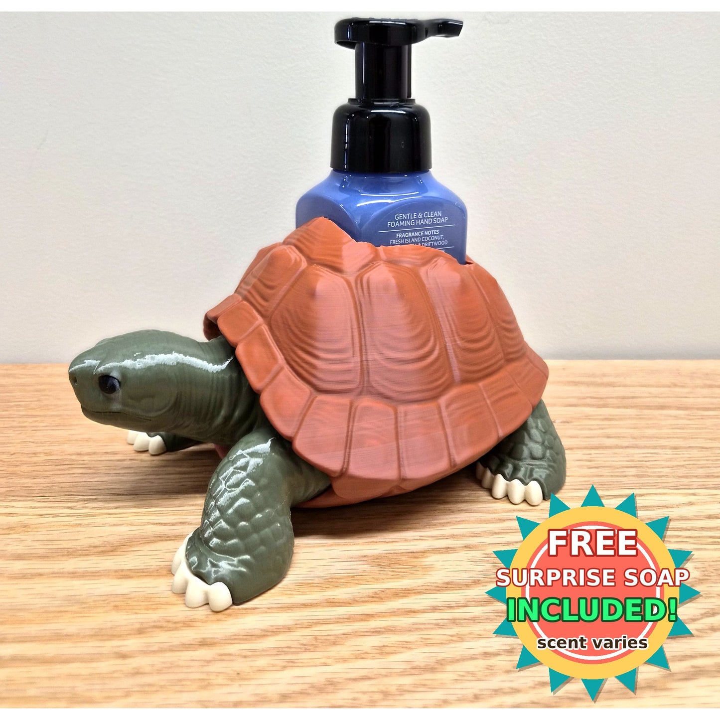 Tortoise soap dispenser holder with foaming hand soap bottle, free surprise soap badge