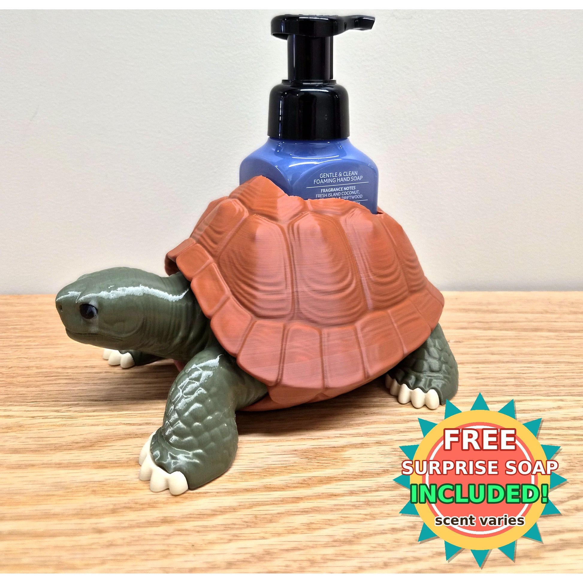 Tortoise soap dispenser holder with foaming hand soap bottle, free surprise soap badge